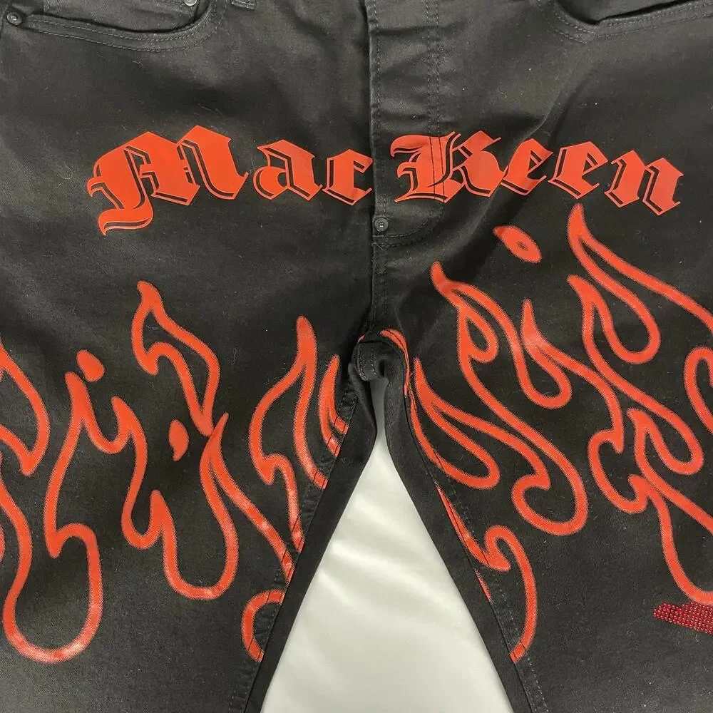 Mackeen Gothica Jeans Men's Skinny Slim Fit Black Flames 36x34